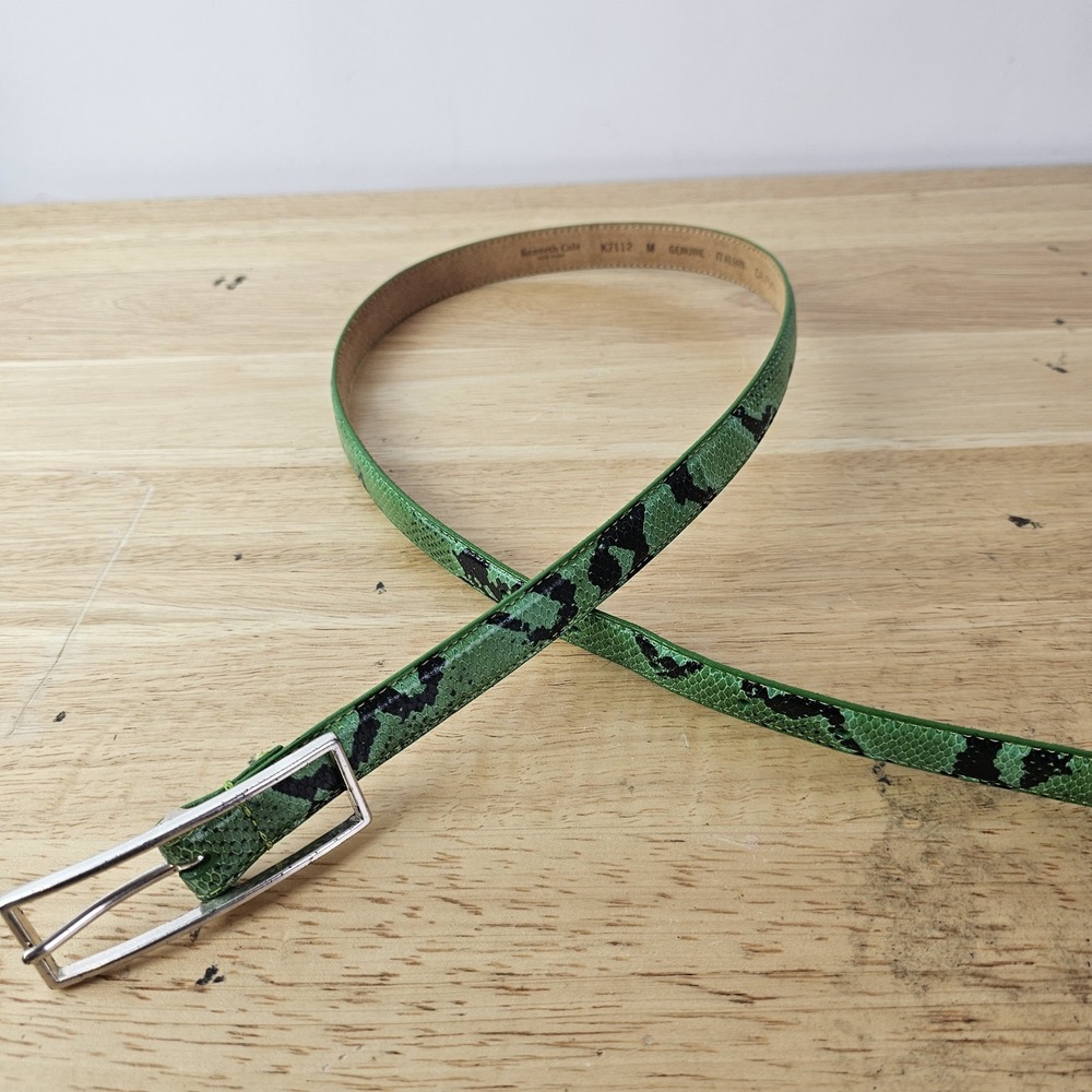 Kenneth Cole Green Womens Belt Skinny K7112 M Italian Calfskin Leather Snakeskin